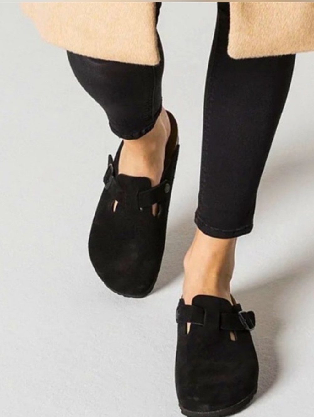 ** SOLD ** Birkenstock Black Suede Slip-On Clog Mules - Boston Soft Footbed